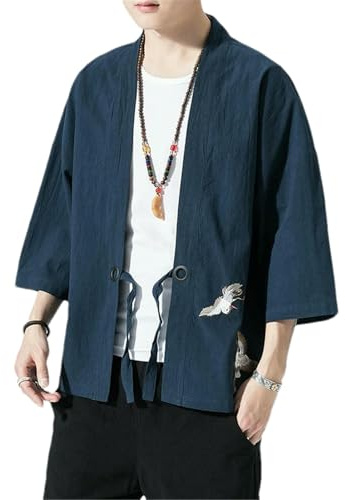 Kimono bordado Harajuku estilo japonés para hombre, disfraz samurái Yukata, ropa asiática, cárdigan, chaqueta, camisa, Azul marino 9 azul, L