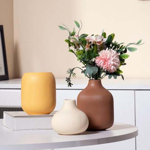 Set di 3 vasi in Ceramica,vasi in Ceramica per la Decorazione Domestica,Vaso Decorativo per Erba di Pampa e Fiori secchi,Decorazione per l'ingresso (Caffè,Giallo,Carnagione)