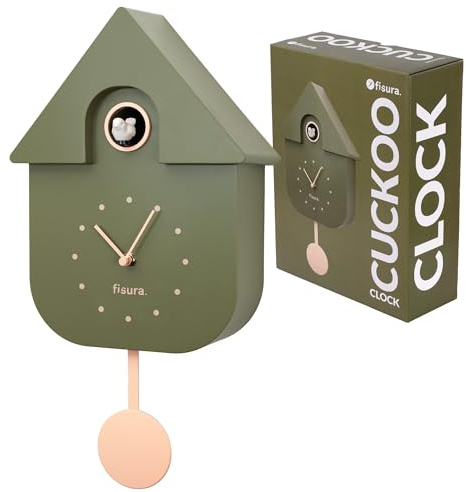 Fisura - Reloj de Cuco de Oliva con dial Beige. Reloj de Pared Original Verde y Beige. Decoración para Regalo. 3 Pilas AA no Incluidas.Medidas: 21,5x8x41,5. Plástico ABS.