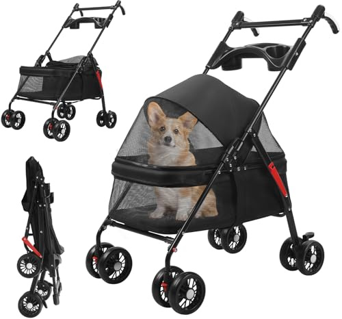 Carrito para perros plegable hasta 10 kg, certificado GS, ligero carrito para perros y gatos con cinturón de seguridad de 5 puntos, diseño 3 en 1 con protección contra la lluvia, ventanas de red