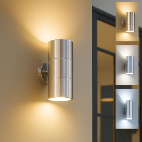 Outside Wall Lights Mains Powered, 3 CCT GU10 Bulbs Up Down Outdoor Wall Sign Light, Stainless Steel IP44 Waterproof External Wall Lights, Exterior Wall Sconce for Patio, Garden, Front DoorGarage