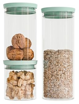 Amig - Set di 3 barattoli ermetici rotondi con coperchio verde - Capacità: 600 ml, 1300 ml e 1900 ml - 3 pezzi di barattoli in vetro per alimenti - Ideali per spezie e pasta