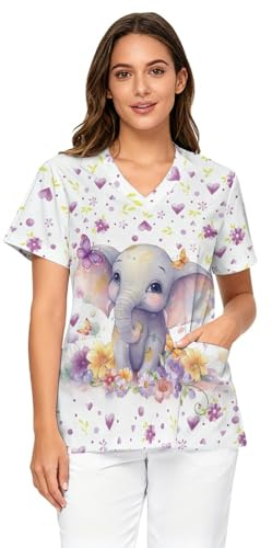 YGFLPPV Elephant & Floral Print Scrub Tops Women Curved V-Neck Nurse Shirts with Functional Pockets Quick-Drying Easy Care Stretchy Nurse Uniform for Nurses in Children's Healthcare & Beauty Care L
