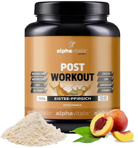POST WORKOUT Shake - 1500g Eistee Pfirsich - mit Maltodextrin - Whey Protein Pulver - EAA (essentielle Aminosäuren), Creatin Monohydrat, L-Glutamin, Magnesium - Sportgetränk - Made by alphavitalis