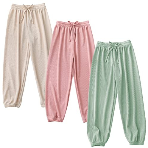 JELEUON 3 Pack of Little Kids Boys Girls Summer Spring Autumn Cotton Linen Printed Soft Trousers Casual Long Ankle Pants
