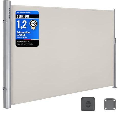 SONGMICS Alu-Seitenmarkise, ausziehbar, 200 x 400 cm, Blickdicht, Sonnenschutz, blickdicht, Seitenrollo, für Balkon, Terrasse, Garten, beige GSA204E01