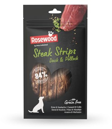 Rosewood Steak Strips Ente & Seelachs – Weiche Leckerlis für Hunde, hoher Fleisch-/Fischanteil, fettarm, ohne Getreide, ohne künstliche Zusatzstoffe, 100 g