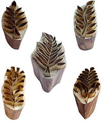 Royal Kraft Leaf Brass Wooden Stamps (Set of 5) for Block Printing on Clay, Pottery, Fabric BHtag0072