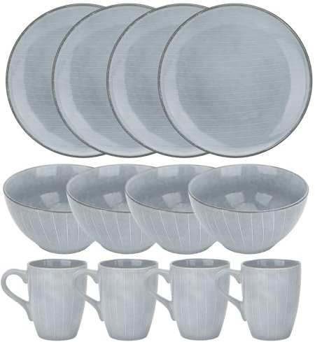 Intirilife Set de 12 pièces de vaisselle en céramique grise- Vaisselle 4 assiettes 27 cm, bols à céréales 850 ml, tasses à café 270 ml - Service de table pour 4 personnes- Service combiné