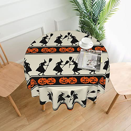 DJNGN Mantel Redondo de 60 Pulgadas con diseño de escobas, Color Negro, Naranja sobre Crema, Resistente a Las Arrugas, Lavable, Mantel Circular para Cocina, Comedor, Fiesta, Picnic, Patio
