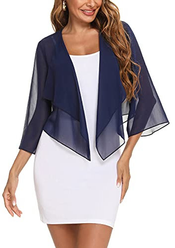 Aottori Damen Bolero Chiffon Cardigan Leichte Kurze Festliche Bolerojacke Elegant Sommer Shrug Schulterjacke Transparent Jäckchen mit 3/4 Ärmel Bettjäckchen Navyblau S