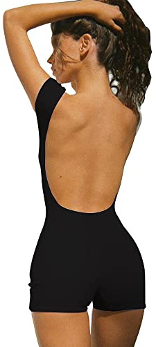 BKEPDY Jumpsuit for Women uk Slim Fit One Piece Bodycon Jumpsuit Backless Womens Jumpsuits Sexy Clubwear Bodycon Dungarees Shapewear Workout Outfit Short Romper Fascinating U Neck Plausuit (Black S)
