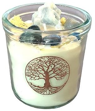 Steinfixx® Große Edelsteinkerze Erneuerung im Glas mit Anleitung | Duftkerze | Ritualkerze | Kristallkerze mit Blüten |blauer Calcit, blauer Achat, Bergkristall | frische Wälder