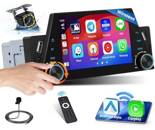 Inefala 1 Din Autoradio Bluetooth avec Wireless Carplay Android Auto Mirror Link 5 Pouces écran Tactile Poste Radio Voiture avec FM USB SWC Caméra de Recul & Mic