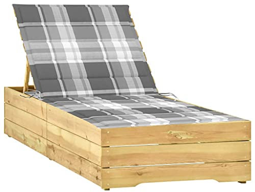 vidaXL Kiefernholz Imprägniert Sonnenliege mit Grauer Karomuster-Auflage Gartenliege Holzliege Liege Gartenmöbel Relaxliege Saunaliege Strandliege