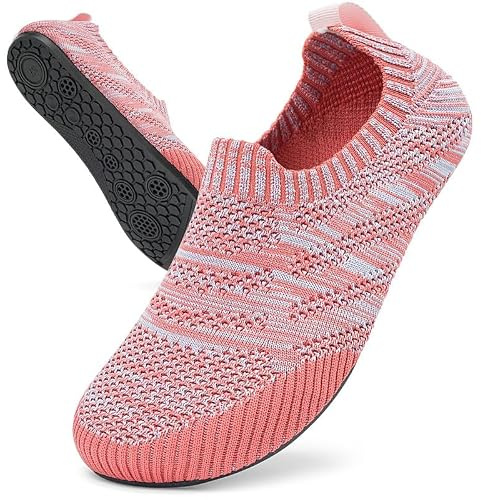 KOWAYI Zapatillas de estar por casa para hombre y mujer, zapatos de cabaña cerrados, zapatos descalzos, unisex, antideslizantes, transpirables, ligeras, zapatillas de punto, 1343 Rosa Gris, 40 EU