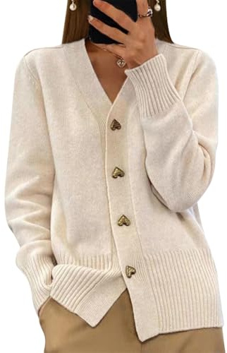 shownicer Gilet Femme Cardigan Manches Longues Tricoté Chic et Elégant avec Boutons à Col en V Ouvert sur Le Devant Décontracté Manteau Mode Pull A Beige S