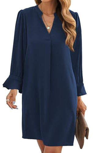 Famulily Women Casual Dresses Fashion Spring Long Sleeve Mini V Neck Cover up Tunic Dress Blue L