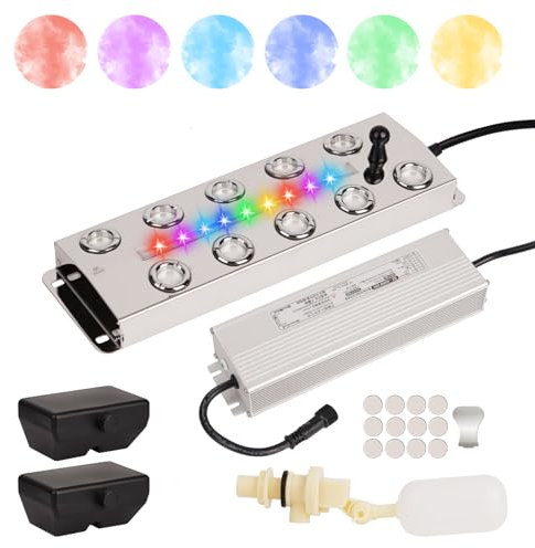 BREUAILY Nebulizzatore Ultrasuoni 10 Teste 7L/H Creatore di Nebbia con Luce LED e Alimentatore Impermeabile da 400W Stagno Nebulizzatore per Laghetto Serra Giardino