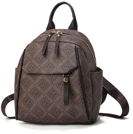 NICOLE & DORIS Kleiner Rucksack Damen Elegant Cityrucksack Mini Rucksäcke Wasserdichte Daypack Tagesrucksack Leichter Rucksack mit mehreren Taschen Kaffee Muster