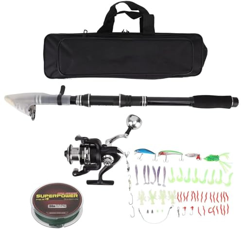 Ensemble Complet de Canne à pêche et Moulinet télescopique pour la pêche en Eau Douce et salée, Comprenant des appâts et des Sacs de Rangement, pour Hommes, Femmes, Adultes,