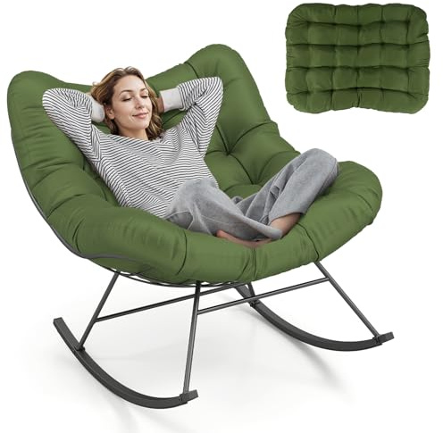RELAX4LIFE Sedia a Dondolo da Patio, Poltrona Relax con Cuscino Imbottito e Struttura in Metallo, da Interno ed Esterno, Portata 205 KG, Grande Sedia per Veranda, Giardino e Cortile (Verde)