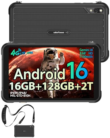 Ulefone RugKing Pad Pro Tablette Incassable Android 16, Tablette Tactile 8.68 Pouces avec Bandoulière, 16Go + 128Go/TF-2To, 7100mAh Rugged Tablet Dual 4G + eSIM, 16MP Caméra/GPS/NFC/Gemini AI-Noir