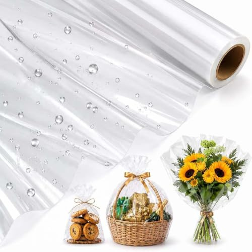 Papel Celofan Transparente, 43 CM x 30 M Papel de Regalo Transparente | Papel Transparente, Rollo de envoltura de Celofán, Rollo de Celofán Grande para Cestas, Acetato para Envolver Regalos, Flores