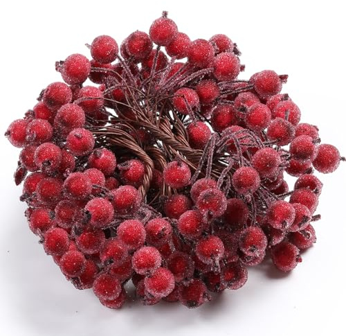 BBTO 100 Tallos con Alambre de Bayas Artificiales, para decoración, 200 Unidades de 12 mm, Mini Fruto escarchado de Navidad.