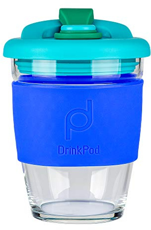 Drink Pod 12oz/340 ml Reusable Coffee Cup/Travel Mug with Rotating Rubber Lip BPA Free Borosilicate Glass – Ocean/Blue RGC-340/B