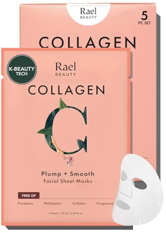 Rael Masque Visage au Collagène – Skincare Coréenne, raffermissant & lissant, collagène hydrolysé et acide hyaluronique, Masque en tissu de bambou, Sans parfum & PEGs, Cruelty-Free (5 unités)
