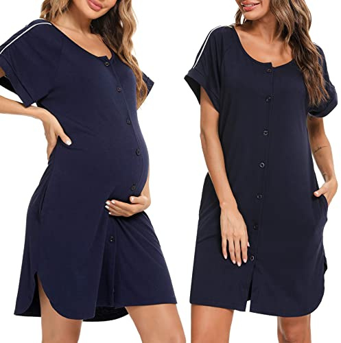 iClosam Womens Maternity Nursing Nightdress Button Down Nightgown Cotton Nighties for Women Nightwear Nightdresses for Hospital Pregnancy Blue