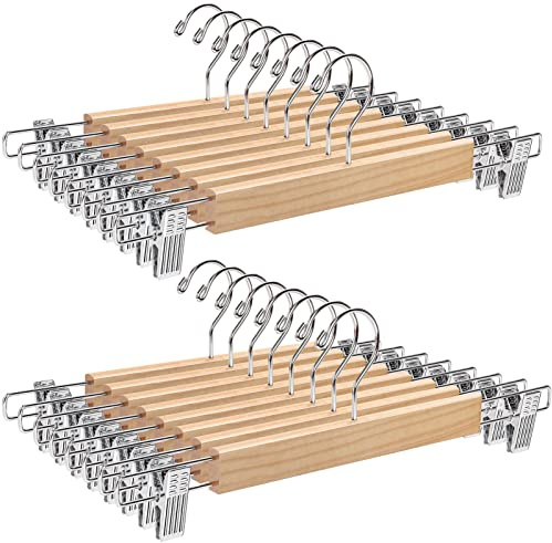Amber Home 24 Pack 14.17 Solid Natural Wooden Pant Skirt Hangers, Bottom Hangers for Slacks Trousers Jeans with 2-Adjustable Anti-Rust Clips (Natural, 24 Pack)