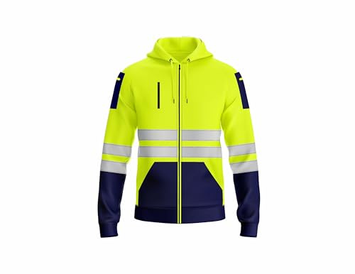 shelikes Mens Hi Vis Viz Jacket High Visibility Coat Two Tone Hooded Sweatshirt Zip Up Hoody Safety Work Top