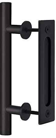 HOME MASTER HARDWARE Heavy Duty 12 Sliding Barn Door Handles, Pull and Flush Handle Set for Gates Garages Sheds Furniture, Round Rustic Two-Side Flat Back-Plate Design, Black Powder Coated Finish