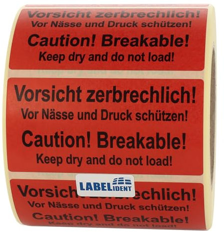 Warnetiketten 100 x 50 mm - Paket Aufkleber Vorsicht zerbrechlich! Caution! Breakable! - 1.000 Versandaufkleber auf 1 Rolle(n), Papier selbstklebend
