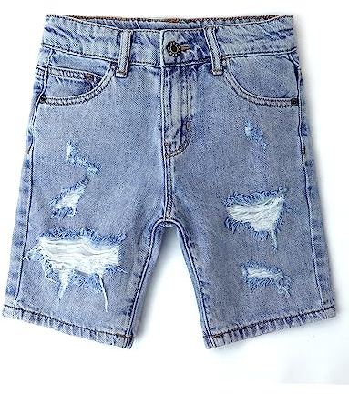 KIDSCOOL SPACE Baby Little Big Boys Pantalones Cortos de Mezclilla, Cintura elástica en el Interior Agujeros Rasgados Jeans Ropa de Verano, Azul Claro, 16