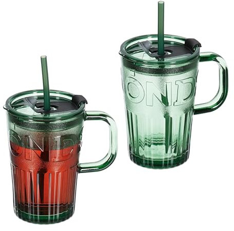 Relaxdays Trinkgläser 2er Set, Getränkebecher mit Deckel & Strohhalm, Smoothiebecher 450 ml, Glasbecher Henkel, grün