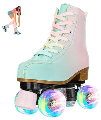 jessie Roller Skates for Girl and Women, PU Leather Fantastic Flash Wheel Kid Roller Skates Girls Ages 6-12 Beginner for Indoor Outdoor (Green Pink 39)
