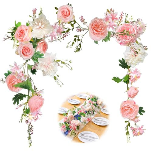 MEYAGOT Blumengirlande Künstlich, Rosen Blumenrebe, Rosengirlande Künstliche Blumen Girlande, Pfingstrosen Girlande Blumengirlande Blumenkranz für Tür Hochzeit Wand Heimdekoration (Rosa)