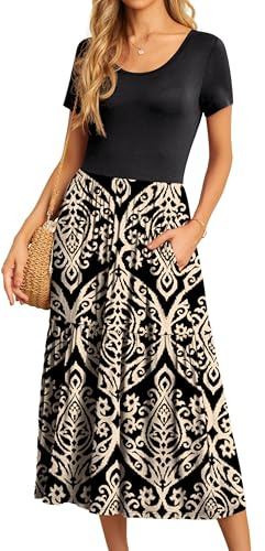 GRECERELLE Womens Summer Maxi Dress Casual Short Sleeve Crew Neck Swing Flowy Tiered Party Dresses with Pockets for Weddings, Holidays (Black + Khaki Floral, S)