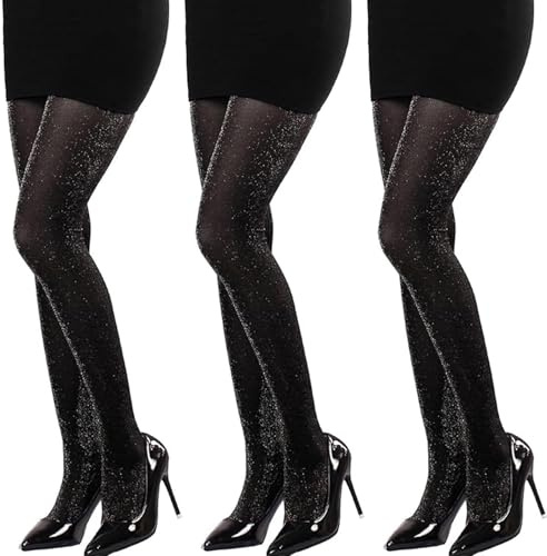 VIDSTM 3 Paires Collant Paillette Femme, Collants Noirs Femme Fil Argent Ultra Fin, Collant Femme Haute Élastiques, Dentelle Collants Collant Opaque Brillant (Taille Unique)