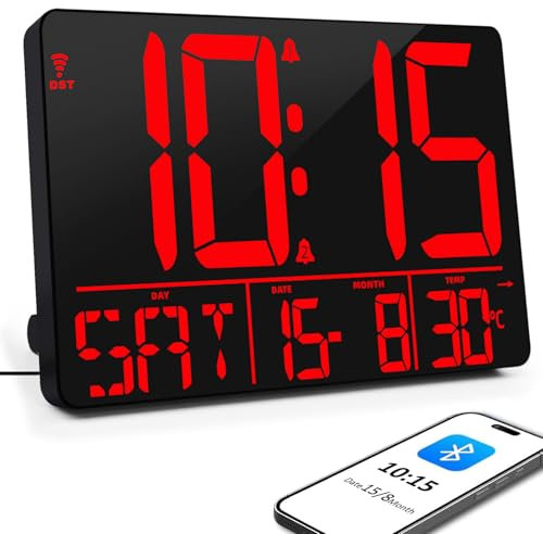 XREXS Wanduhr Digitale Groß, Automatische Kalibrierungszeit, 13'' Digital Uhr mit LED-Display, Wanduhr mit Uhr/Datum/Temperatur/Timer/Wecker(Bluetooth-Kopplung)