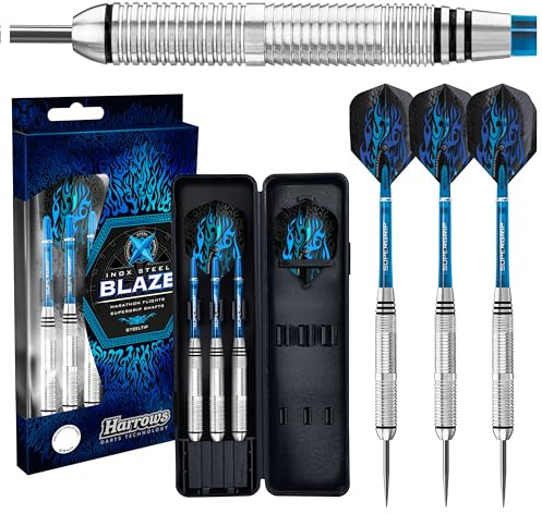 Harrows Blaze Inox Dardos | Juego de dardos de punta de acero con funda de transporte | 21 g, 22 g, 23 g y 24 g | Incluye ejes Supergrip y vuelos de maratón de 100 micras, 21 gramos