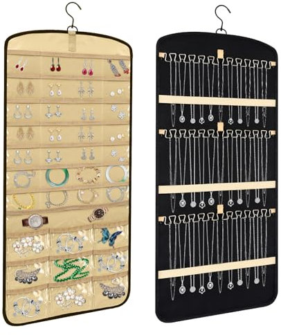 JUMRHFAN Large Hanging Jewelry Organizer Storage Roll with Hanger Metal 360°Hooks Double-Sided Jewelry Holder for Earrings, Necklaces, Rings on Closet, Wall, Door, Wardrobe(Black)