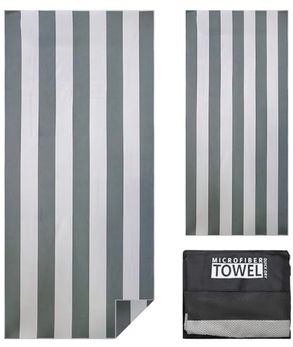Vorvowry Serviette de Plage Homme Femme XXL Grande Microfibre Léger et Doux Anti Sable Séchage Rapide Drap de Plage avec Sac en Filet 80×180cm Rayures Grises 1PC