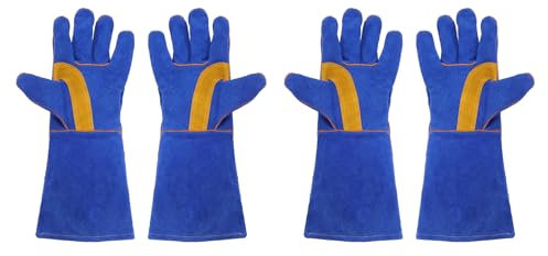 QUARKZMAN 2 Coppie Guanti da Saldatura A2020 16 Guanti da Grill in Pelle di Bovino Resistenti al Fuoco e al Calore con Maniche Lunghe per Saldatura Camino Forno Cottura Giardino