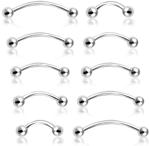 Kodivenj 10pcs 16G Surgical Steel Curved Barbell Piercing Set: Rook Earring for Women & Men (Helix, Daith, Tragus, Ear, Nose, Lip, Eyebrow, Belly, Septum, Labret) 6mm-14mm