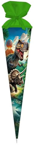goldbuch 97 157 Schultüte Vulkan, Geschenktüte mit Dinosauriern als Motiv, Lackkarton, Geschenkverpackung mit grünem Filzverschluss (ohne Verschlussband), Zuckertüte rund, Länge 70 cm, Ø 19 cm