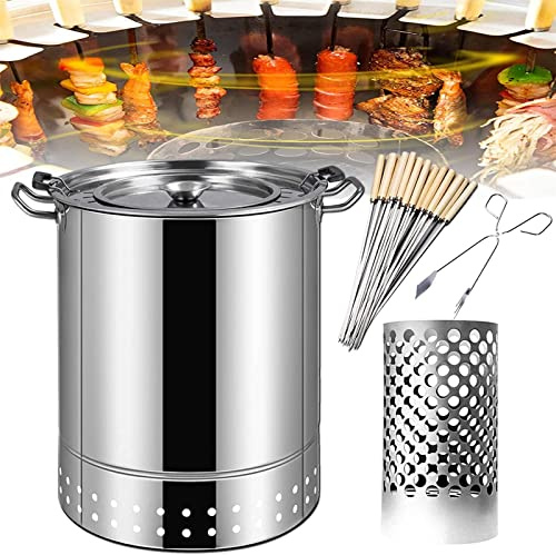 Barbecue au charbon de bois, fumoir vertical avec baril en acier inoxydable, 50 brochettes, panier à roulettes, grille de barbecue de camping pour cuisine et grillades en plein air